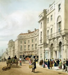 Zachodnia strona rozbudowanego Regent Circus Johna Nasha (detal) z „London As It Is”, grawerowana i opublikowana przez artystę, 1842